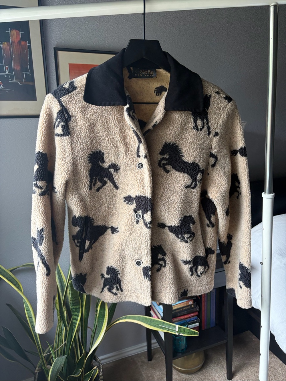 Vintage Beige and Black Sherpa Horse Print Jacket